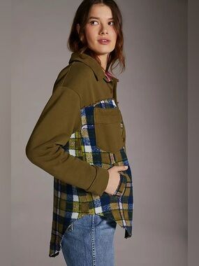 Anthropologie Pilcro Plaid Contrast Shirt Jacket Green Size XXS